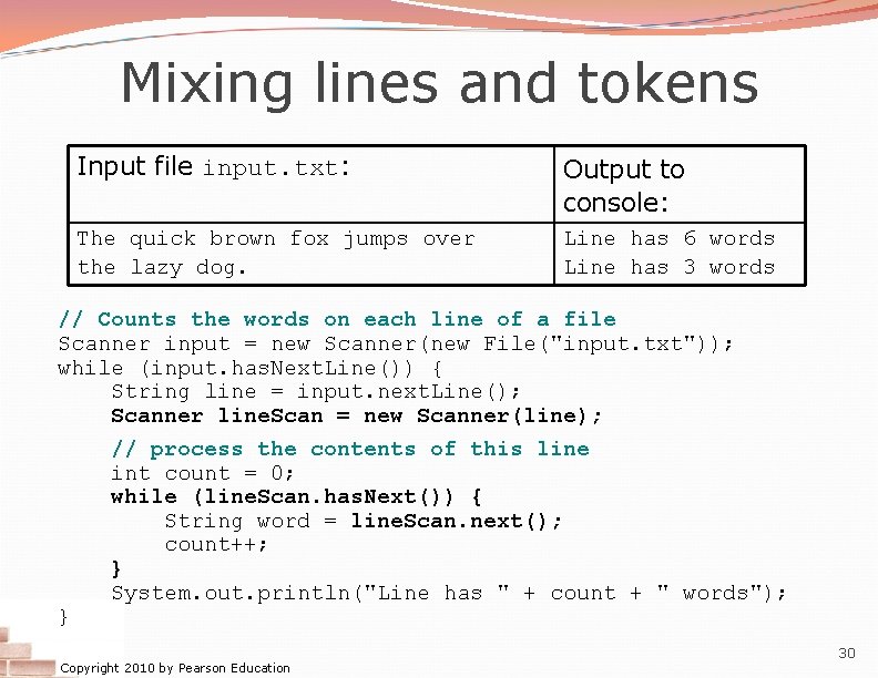 Mixing lines and tokens Input file input. txt: Output to console: The quick brown