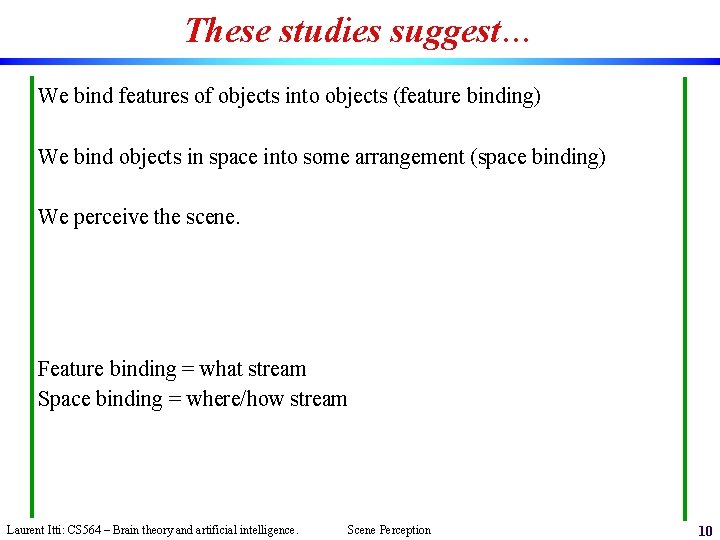 These studies suggest… We bind features of objects into objects (feature binding) We bind