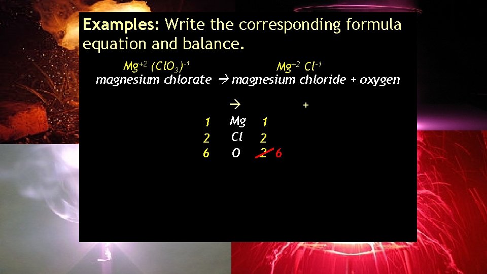 Examples: Write the corresponding formula equation and balance. Mg+2 (Cl. O 3)-1 Mg+2 Cl-1