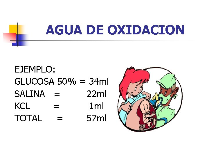 AGUA DE OXIDACION EJEMPLO: GLUCOSA 50% = 34 ml SALINA = 22 ml KCL
