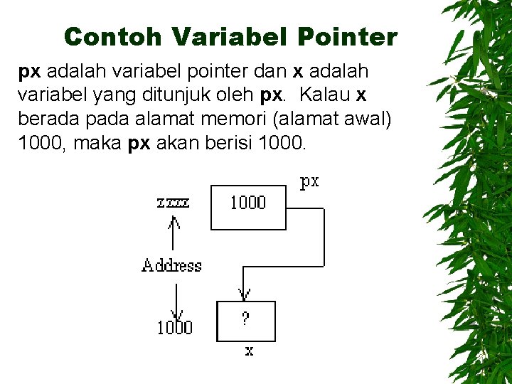 Contoh Variabel Pointer px adalah variabel pointer dan x adalah variabel yang ditunjuk oleh