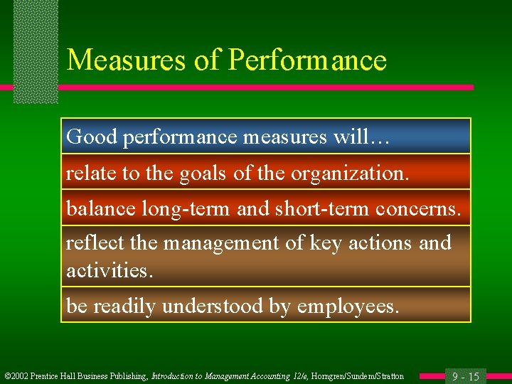 Measures of Performance Good performance measures will… relate to the goals of the organization.