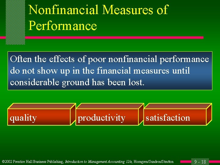Nonfinancial Measures of Performance Often the effects of poor nonfinancial performance do not show
