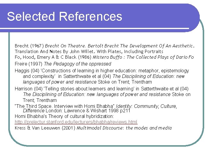 Selected References Brecht (1967) Brecht On Theatre. Bertolt Brecht The Development Of An Aesthetic.