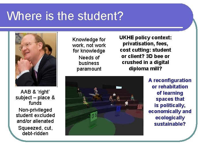 Where is the student? Knowledge for work, not work for knowledge Needs of business