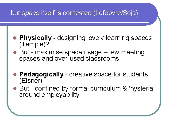 . . . but space itself is contested (Lefebvre/Soja) Physically - designing lovely learning