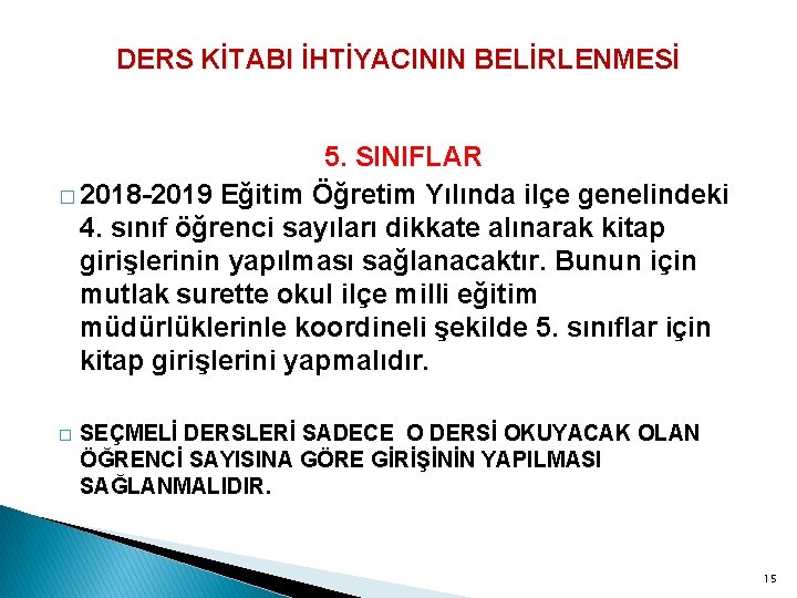 DERS KİTABI İHTİYACININ BELİRLENMESİ 5. SINIFLAR � 2018 -2019 Eğitim Öğretim Yılında ilçe genelindeki