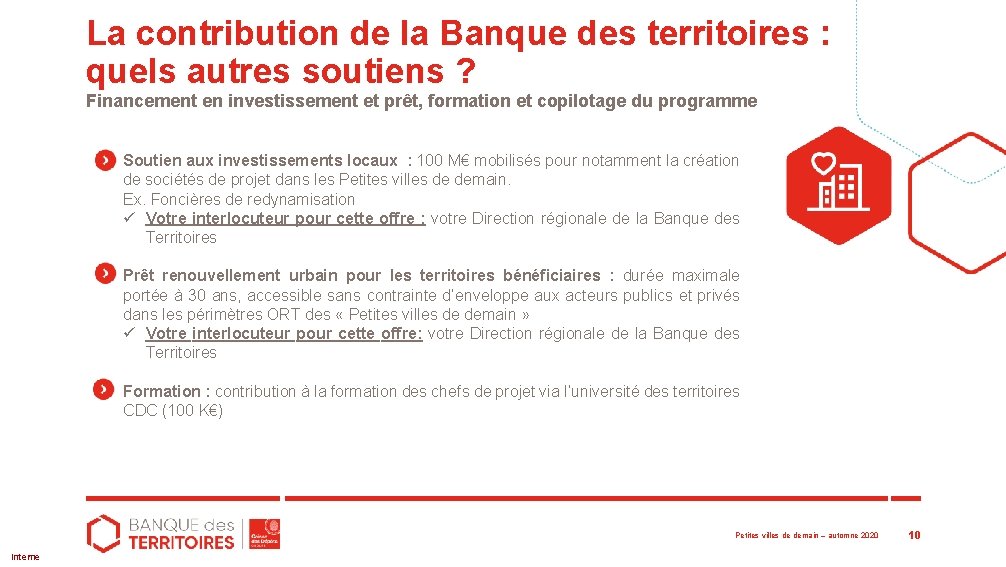 La contribution de la Banque des territoires : quels autres soutiens ? Financement en