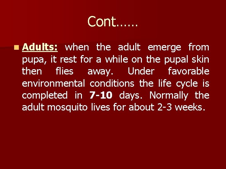 Cont…… n Adults: when the adult emerge from pupa, it rest for a while