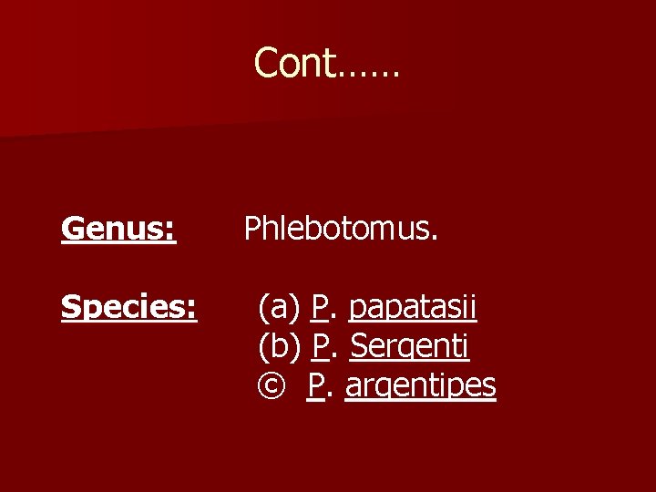 Cont…… Genus: Species: Phlebotomus. (a) P. papatasii (b) P. Sergenti © P. argentipes 