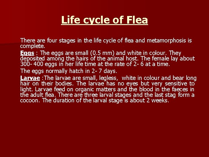 Life cycle of Flea There are four stages in the life cycle of flea