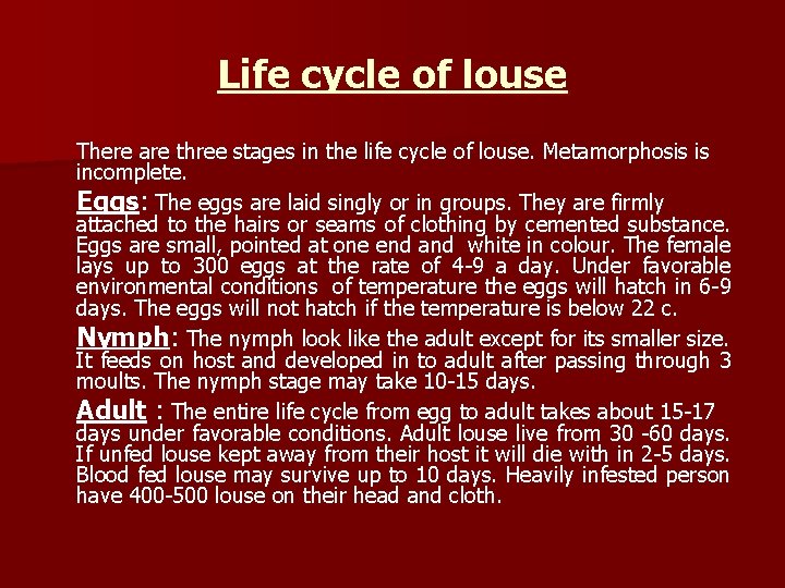 Life cycle of louse There are three stages in the life cycle of louse.