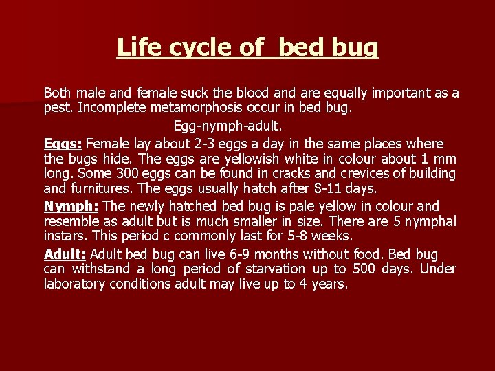 Life cycle of bed bug Both male and female suck the blood and are