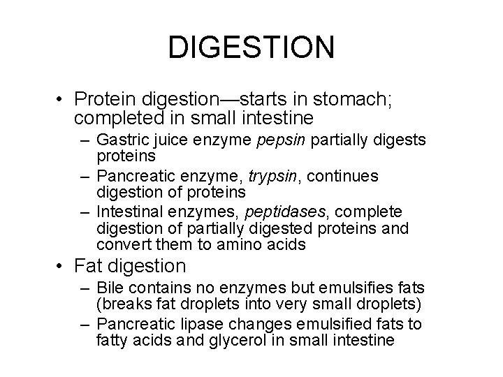 DIGESTION • Protein digestion—starts in stomach; completed in small intestine – Gastric juice enzyme