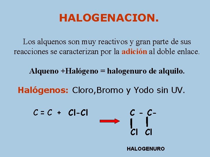 HALOGENACION. Los alquenos son muy reactivos y gran parte de sus reacciones se caracterizan