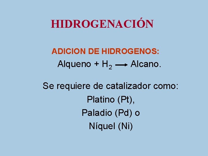 HIDROGENACIÓN ADICION DE HIDROGENOS: Alqueno + H 2 Alcano. Se requiere de catalizador como: