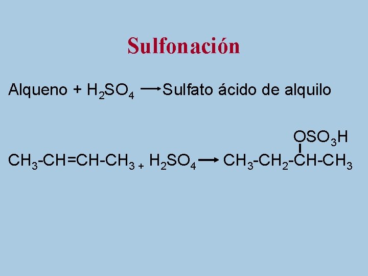 Sulfonación Alqueno + H 2 SO 4 Sulfato ácido de alquilo CH 3 -CH=CH-CH