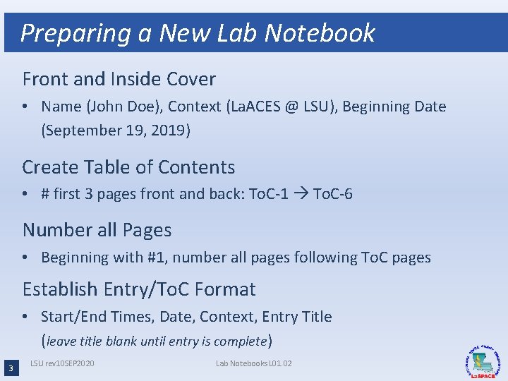Preparing a New Lab Notebook Front and Inside Cover • Name (John Doe), Context