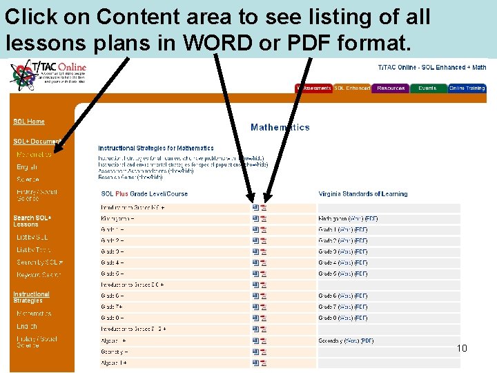 Click on Content area to see listing of all lessons plans in WORD or