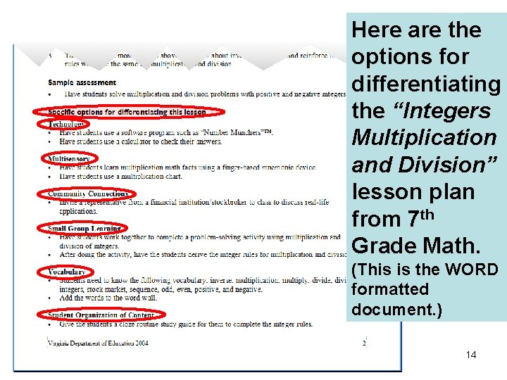 Here are the options for differentiating the “Integers Multiplication and Division” lesson plan from