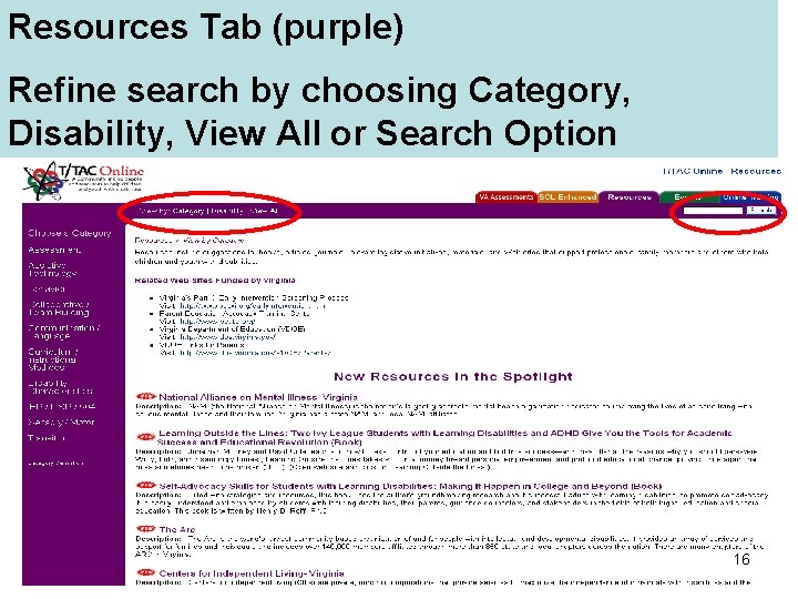 Resources Tab (purple) Refine search by choosing Category, Disability, View All or Search Option