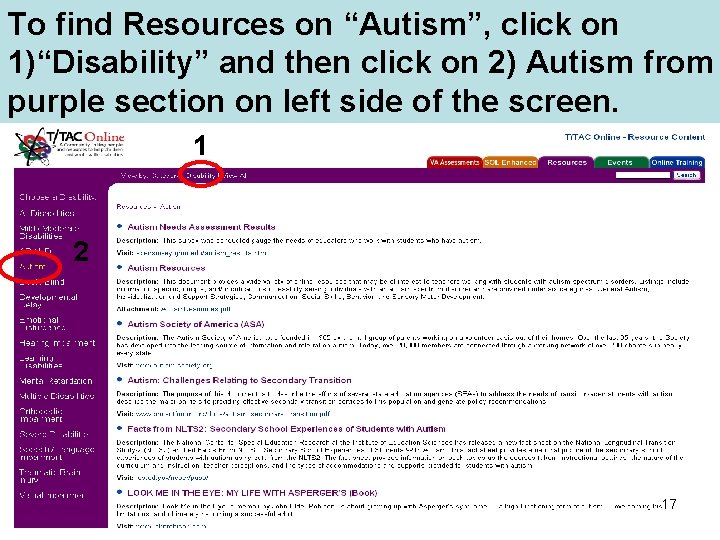 To find Resources on “Autism”, click on 1)“Disability” and then click on 2) Autism