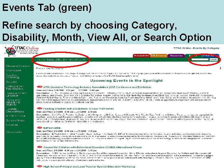 Events Tab (green) Refine search by choosing Category, Disability, Month, View All, or Search