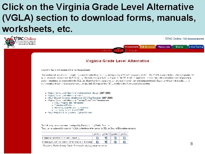 Click on the Virginia Grade Level Alternative (VGLA) section to download forms, manuals, worksheets,