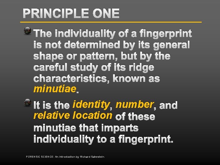 PRINCIPLE ONE The individuality of a fingerprint is not determined by its general shape