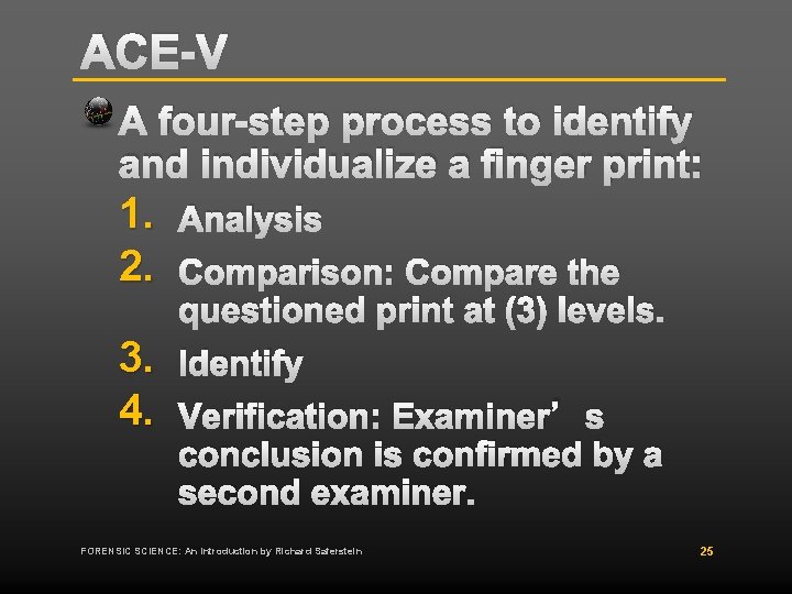 ACE-V A four-step process to identify and individualize a finger print: 1. Analysis 2.