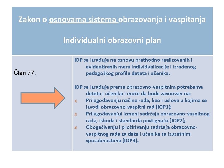 Zakon o osnovama sistema obrazovanja i vaspitanja Individualni obrazovni plan Član 77. IOP se