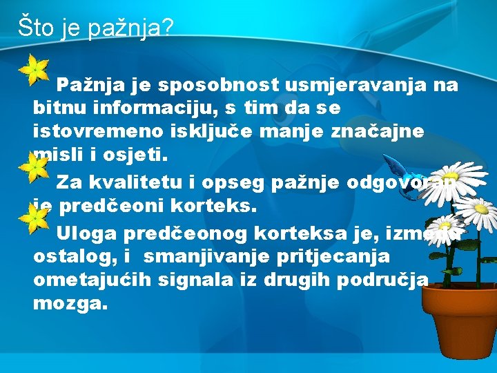 Što je pažnja? Pažnja je sposobnost usmjeravanja na bitnu informaciju, s tim da se