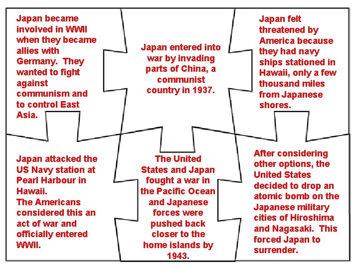 Japan became involved in WWII when they became allies with Germany. They wanted to