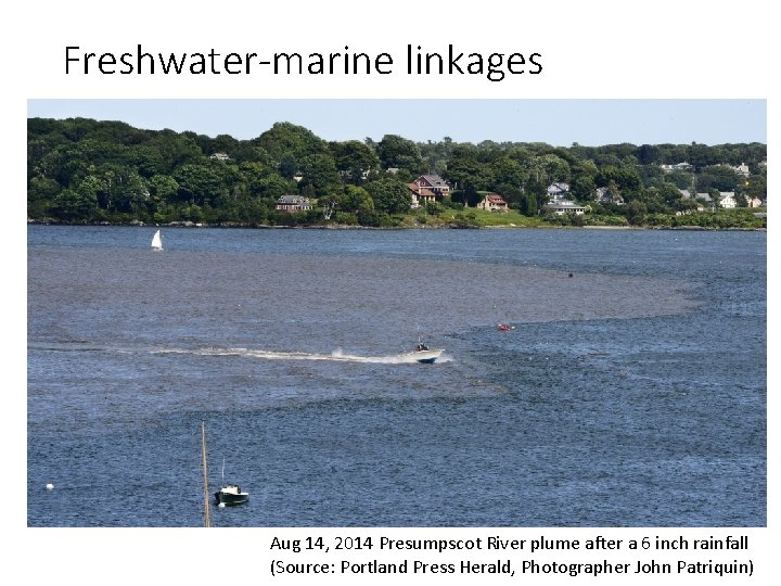 Freshwater-marine linkages Aug 14, 2014 Presumpscot River plume after a 6 inch rainfall (Source: