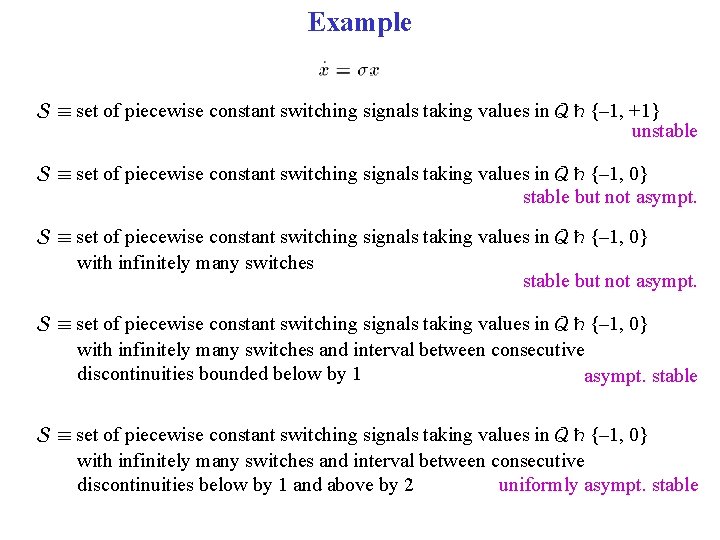 Example S ´ set of piecewise constant switching signals taking values in Q {–