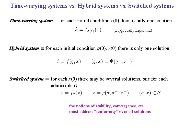 Time-varying systems vs. Hybrid systems vs. Switched systems Time-varying system ´ for each initial