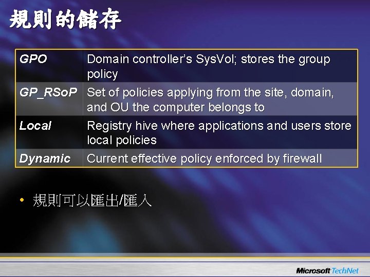 規則的儲存 GPO Domain controller’s Sys. Vol; stores the group policy GP_RSo. P Set of