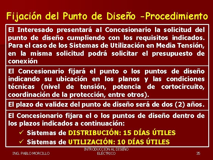 Fijación del Punto de Diseño -Procedimiento El Interesado presentará al Concesionario la solicitud del