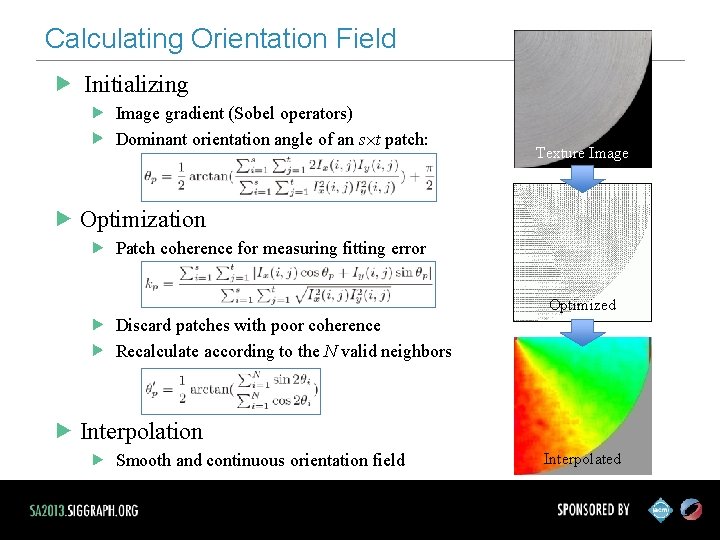 Calculating Orientation Field Initializing Image gradient (Sobel operators) Dominant orientation angle of an s