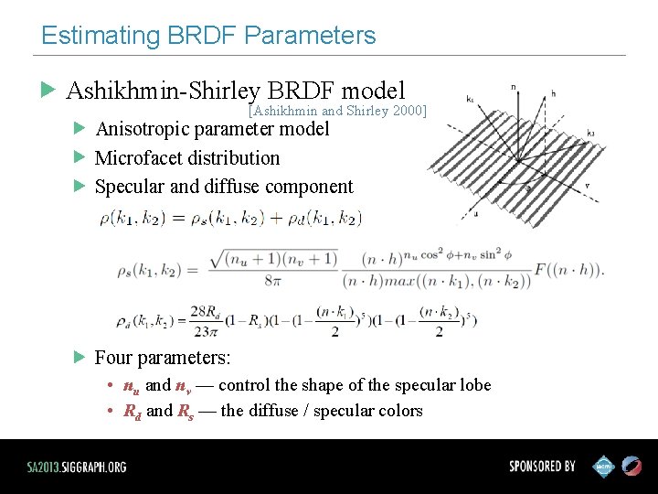Estimating BRDF Parameters Ashikhmin-Shirley BRDF model [Ashikhmin and Shirley 2000] Anisotropic parameter model Microfacet