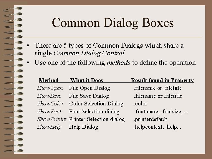 Common Dialog Boxes • There are 5 types of Common Dialogs which share a