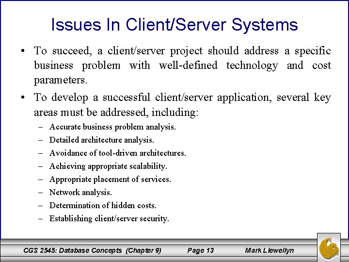 Issues In Client/Server Systems • To succeed, a client/server project should address a specific