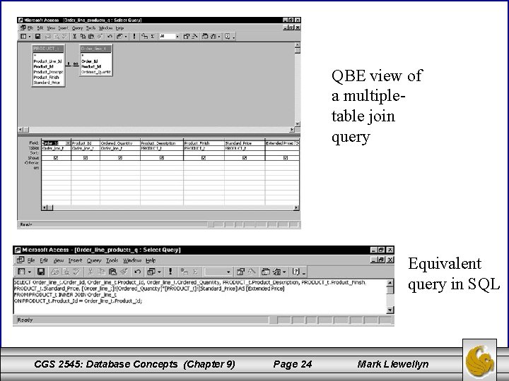 QBE view of a multipletable join query Equivalent query in SQL CGS 2545: Database