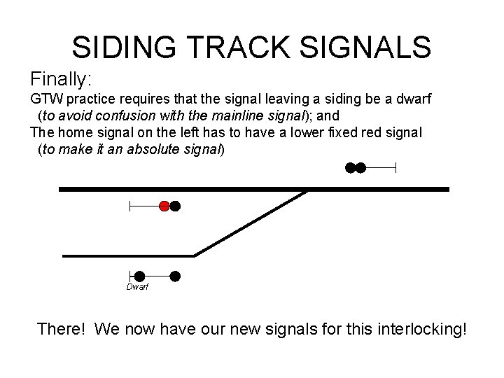 SIDING TRACK SIGNALS Finally: GTW practice requires that the signal leaving a siding be