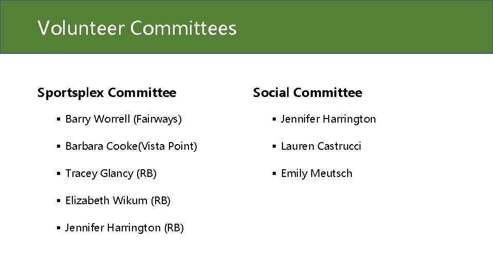 Volunteer Committees Sportsplex Committee Social Committee § Barry Worrell (Fairways) § Jennifer Harrington §