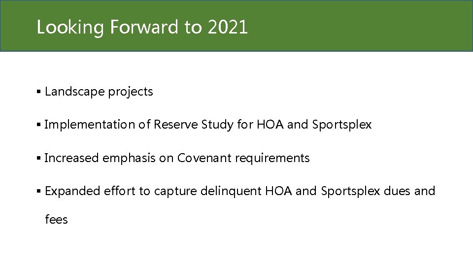 Looking Forward to 2021 § Landscape projects § Implementation of Reserve Study for HOA