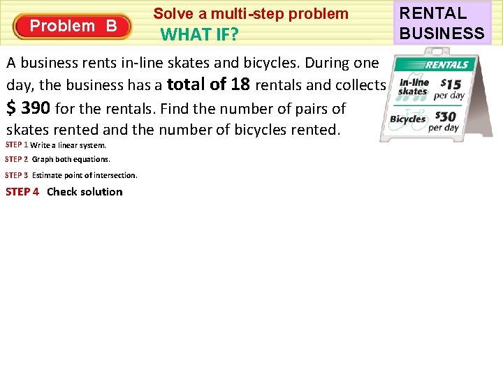 Problem B Solve a multi-step problem WHAT IF? A business rents in-line skates and