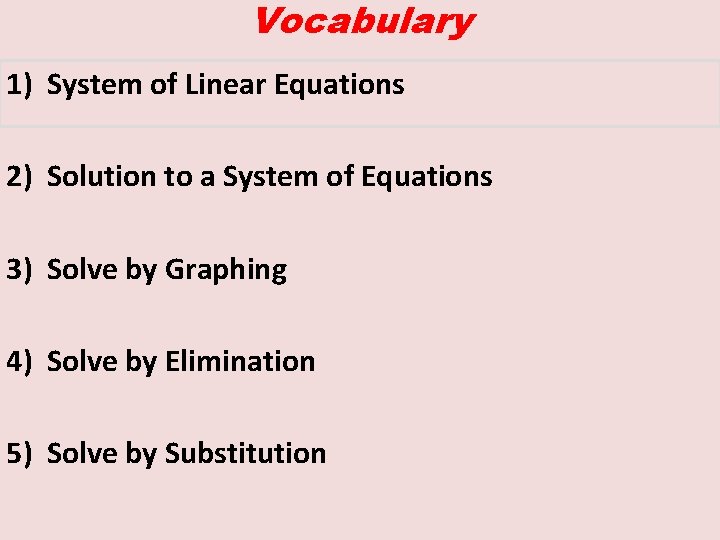 Vocabulary 1) System of Linear Equations 2) Solution to a System of Equations 3)