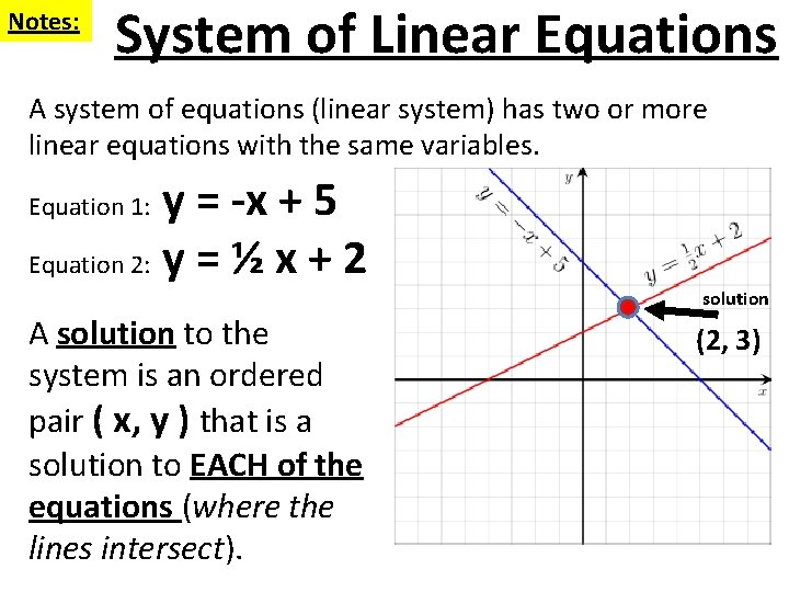 Notes: System of Linear Equations A system of equations (linear system) has two or