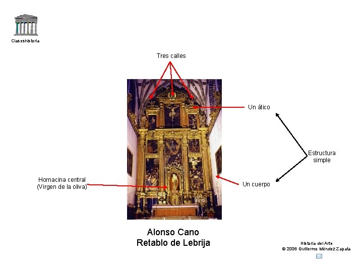 Claseshistoria Tres calles Un ático Estructura simple Hornacina central (Virgen de la oliva) Un